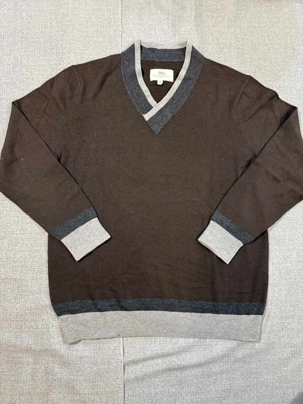 WRK New York Mens XL Sweater Brown V-Neck Contrast Trim Work Rest Karma